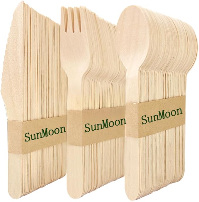 150 Pack Disposable Wooden Cutlery Set, Eco Friendly 50 Spoons 50 Forks 50 Knives, Plastic Free Packaging, Substitute for Plastic and Bamboo, Disposable for Parties, Travell
