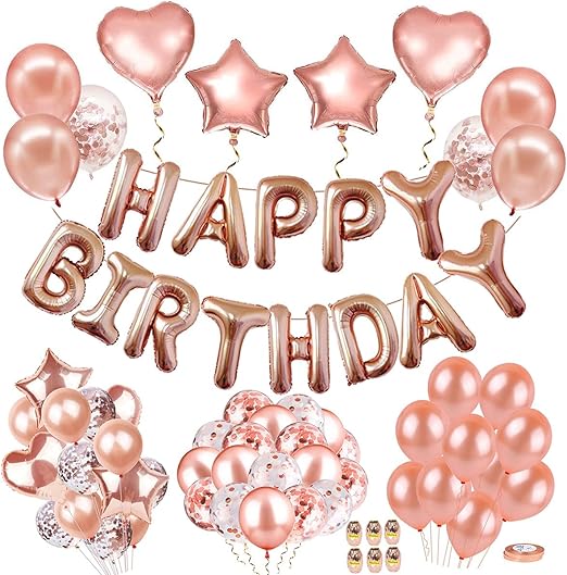 AIBEE 56pcs Party Decorations, Rose Gold Happy Birthday Balloons Banner, Fringe Curtain Foil Tablecloth Heart Star Foil Confetti Balloons