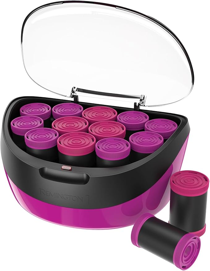 Remington Heated Hair Rollers (Set of 12 velvet flocked rollers in 2 jumbo sizes (35mm & 40mm), Ceramic and Ionic Technology, Wax core, 12 pins and clips included, pink/black) H5670
