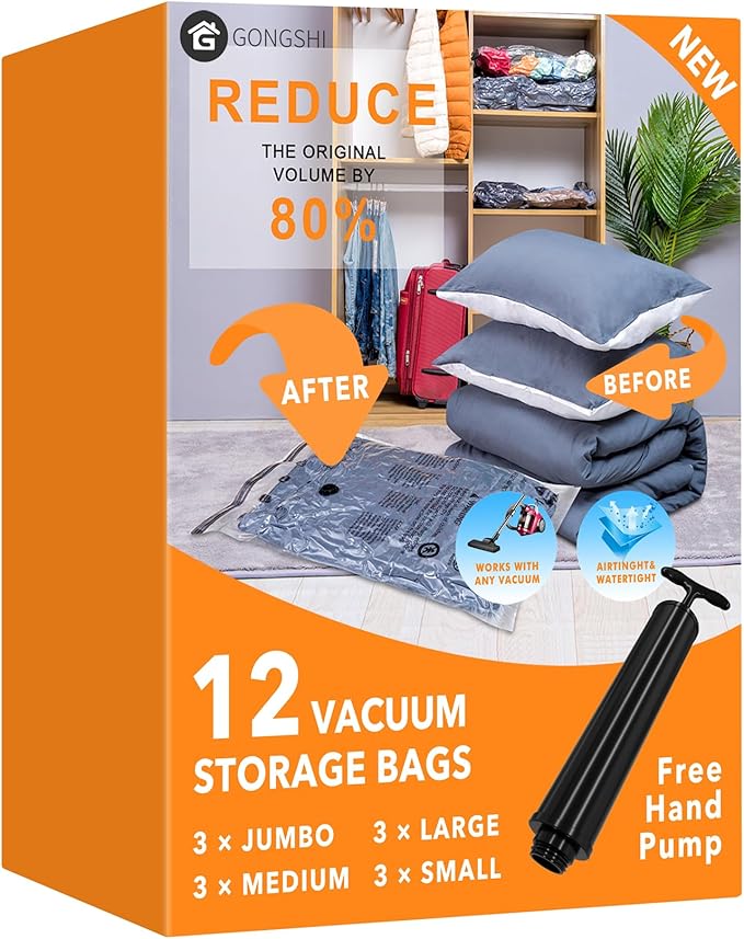 GONGSHI Vacuum Storage Bags (3 x Jumbo, 3 x Large, 3 x Medium, 3 x Small), Space Saver Sealer Compression Bags with Travel Hand Pump