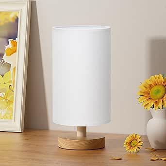 Aooshine Small White Bedside Table Lamp, Minimalist Bed Lamp with Round White Fabric Linen Shade(Bulb Included)