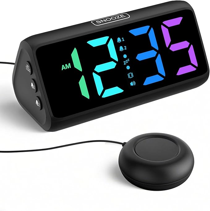 Netzu Loud Alarm Clock for Heavy Sleepers, Vibrating Alarm Clock with Bed Shaker, RGB Led Display, Dual Alarm, 5 Dimmers, 4 Volumes, Bedside Clocks for Hearing Impaired Elderly Teens (Black)