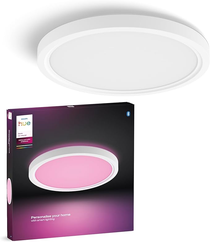 Philips Hue Devote Smart LED Panel Light, White and Color Ambiance, Round 30cm, 16.6W, 2000 Lumens, White Frame for Indoor Home Lighting, Ceiling, Living Room, Kitchen, Hallway, 1 Pack, S