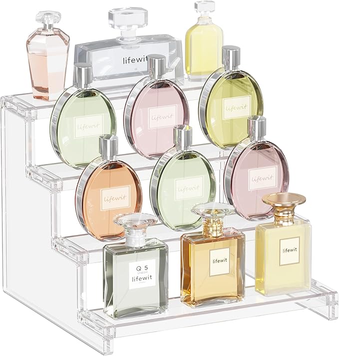Lifewit Perfume Stand Organiser, 4 Tier Clear Plastic Fragrance Storage for Vanity, Makeup Cosmetics Skincare Aftershave Holder Desktop, Dessert Figure Display Shelves Table, 1 Pack