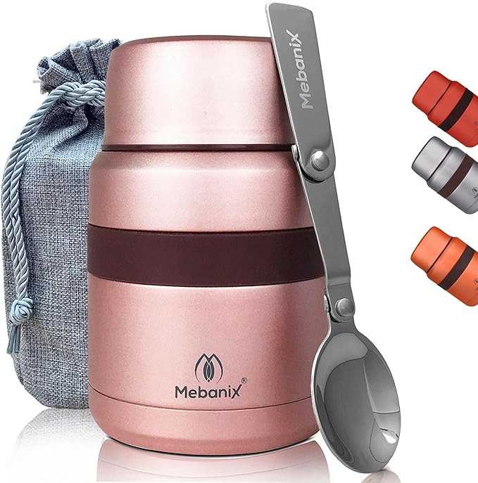 Food Flask for Hot Food, Soup | 400ml Stainless Steel Double Walled Vacuum Insulated Leakproof Jar with Folding Spoon | BPA Free | 6 hrs hot 10 hrs cold | For Adults and Kids. Pink.