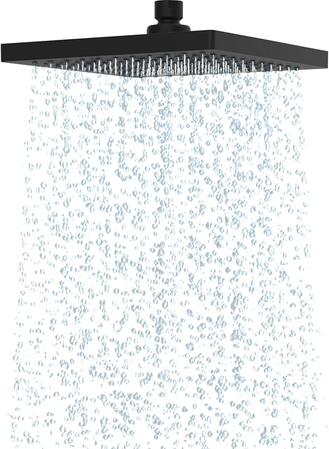 Hibbent Rain Shower Head 8 Inch, Stainless Steel Cover Rain Shower Head, Square Built-in Shower Heads, Swivelling Beam Angle, Lush Shower Experience, Easy Installation, Black