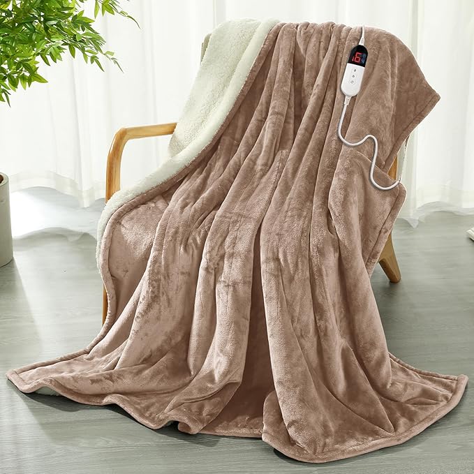 Heated Blanket 130 x 180 cm – Flannel Electric Blanket 6 Heat Settings & 10-Hour Auto-Off Timer, Overheat Protection, Machine Washable, Beige