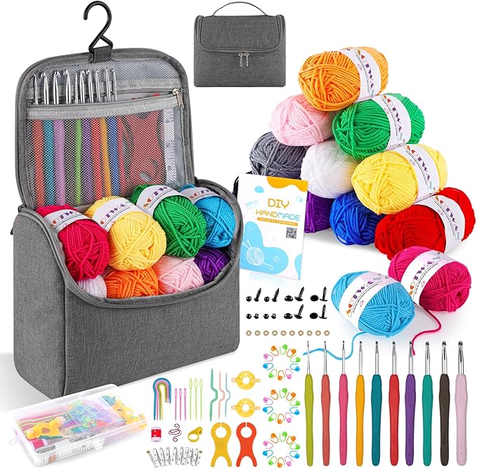 AOTWAN Crochet Kits for Beginners Adults Crochet Hooks Set 12Pcsx25g Crochet Yarns Include Ergonomic Metal Crochet Hooks 2-6.5mm Knitting Kit Accessories Tools Storage Case Crochet Starter Kit-Grey