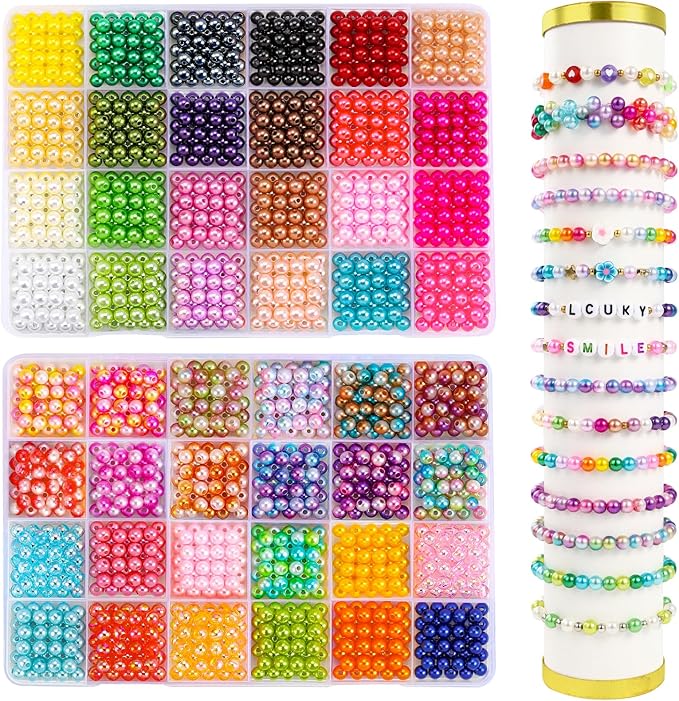 2400pcs Pearl Beads for Jewelry Making - 48 Colors 6mm Plastic Colorful Round Glass Spacer Imitation Dyed Faux Pearls for Bracelets, DIY Crafts, Gifts