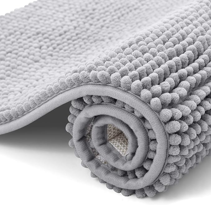 smiry Non Slip Chenille Bath Mat, Extra Soft Bathroom Mat, Super Absorbent Fluffy Bath Mats for Bathroom, Machine-Washable Quick Dry Bath Rug Foot Mat, 40 x 60 cm, Grey