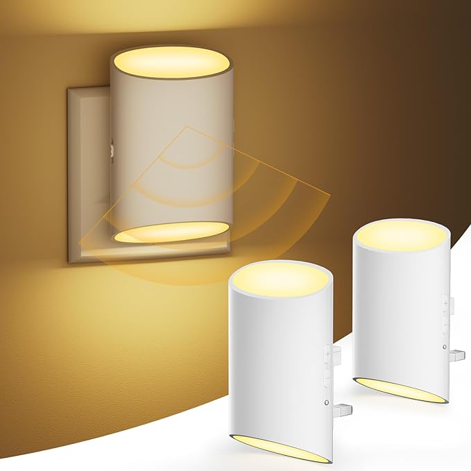 Night Light Plug in Wall with Motion Sensor and Dusk to Dawn Sensor, 7 Adjustable Brightness 100LM, Night/Off/AUTO Modes, 3000K Warm White LED Night Light for Baby, Hallways, Stairs, Bedrooms, 2 Pack[Energy Class A]