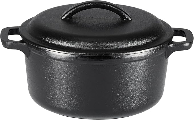 Amazon Basics Round Pre-Seasoned Cast Iron Mini Dutch Oven Pot with Lid and Dual Handles, 1.89 l, Black