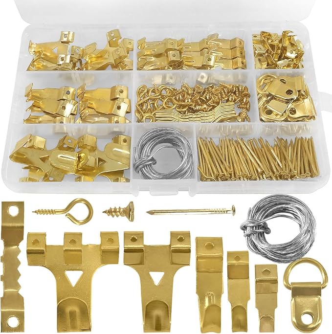 250pcs Picture Hooks Picture Hanging Kit Heavy Duty Picture Hangers with Picture Wire, Nails, Sawtooth, D Ring, Screw Eyes