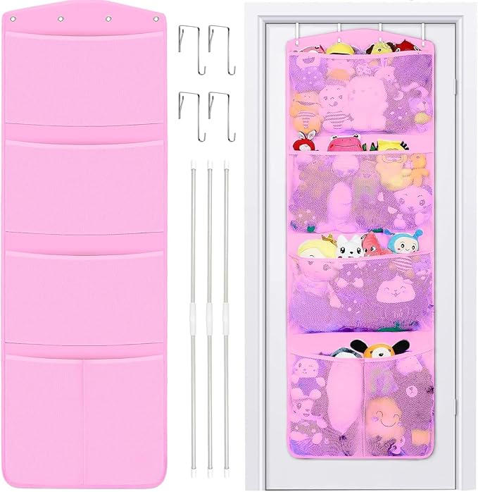 Stuffed Animal Storage, with 3 Large Pockets and 2 Medium Pockets, Over The Door Organizer Storage for Closet, Baby, Plush Toy, Hanging Door Organizer for Nursery, Bedroom, Bathroom, Kids Room (Pink)