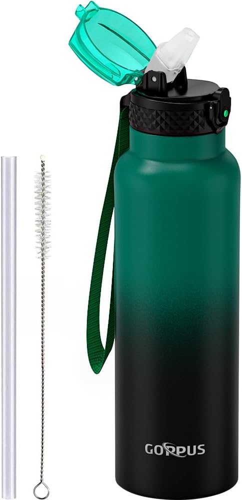 GOPPUS 750ml/26oz Stainless Water Bottle with Straw Double Wall Insulated Bottles with Strap Reusable Vacuum Thermal Flask Leakproof Keep Cold Drinks Bottles with Flip Top Lid for Men Women BPA Free