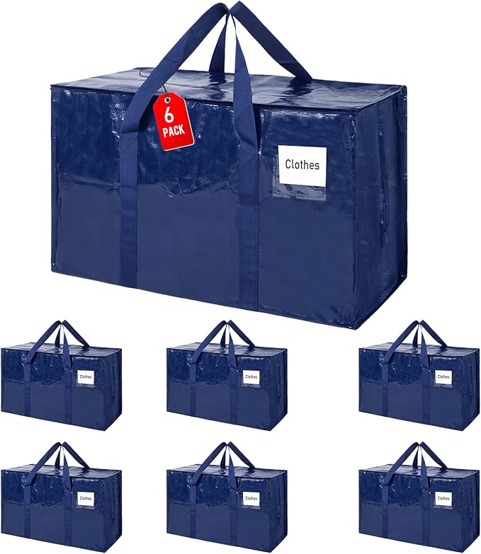 Moving Bags 93 L, 6-Pack Storage Bags with Zipper & Handles, Heavy Duty Large Moving Boxes, Moving Totes, Blue Packing Bags for Travel Duffle College Dorm or Christmas Tree