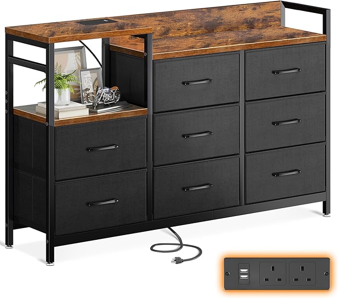 ODK Chest of Drawers Bedroom, Contains 2 USB & 2 AC Ports Sockets, Storage Dresser with 8 Fabric Drawers Suitable for Bedrooms, Living Rooms, Retro Color