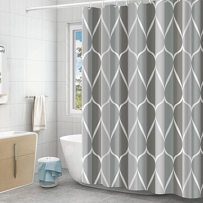 GERUIKE Weighted Shower Curtain 180 x 200 cm, Waterproof Anti-Mould Textile 130GSM Polyester Fabric, Machine Washable with 12 Rings & Grey with Multi-Coloured Wave Pattern