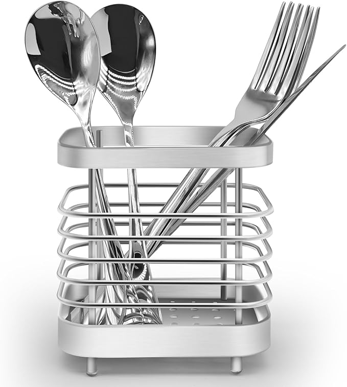 Utensil Holder, Stainless Steel Cutlery Drainer Sink Caddy, Rust Proof Sink Tidy Kitchen Sink Organiser, Cutlery Organiser for Kitchen Utensil (Silver)