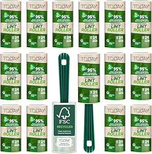Today Eco - Lint Rollers 95% Recycled 16 Rolls + 2 Handles + Cover. Post-Consume Plastic Lint Remover for cat and Dog Hair, Extra Sticky pet Hair Remover