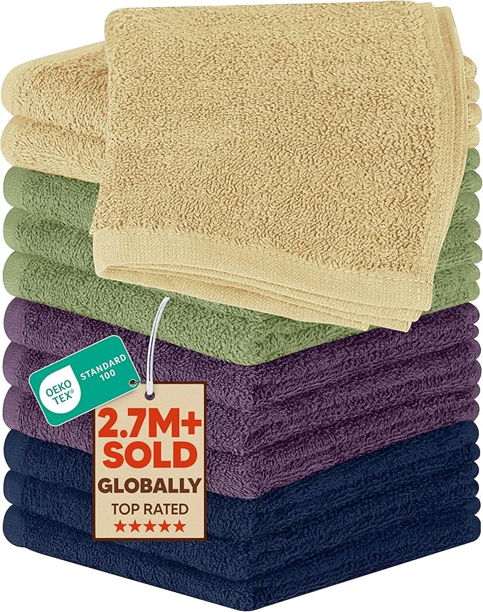 Utopia Towels Cotton Washcloths Set - Pack of 24-100% Ring Spun Cotton, Premium Quality Flannel Face Cloths, Highly Absorbent and Soft Feel Fingertip Towels (12 Pack, Beige, Plum, Sage Green, Navy)