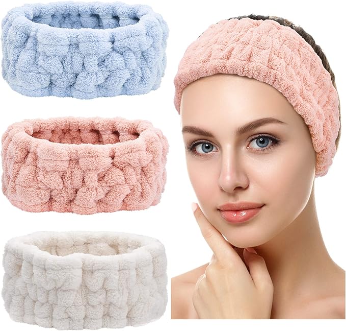 Chuangdi 3 Pieces Spa Headband for Women Facial Makeup Headband Soft Terry Cloth Hairband for Washing Face Mask Spa Shower Gifts(Blue, Pink, White)