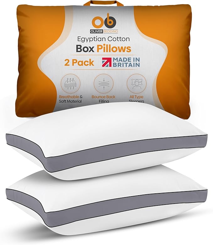 Premium Egyptian Cotton Box Pillows Hotel Quality Pillows for Back Stomach and Side Sleepers Down Alternative Filling Bed Pillow Hypoallergenic Breathable Washable Cover (Pack of 2) (Grey)