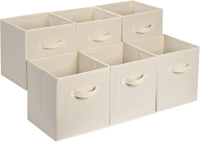 Amazon Basics Collapsible Fabric Storage Cube/Organiser with Handles, Pack of 6, Solid Beige, 33 x 33 x 33 cm