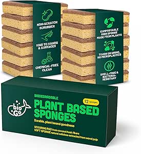 bioGo 12 Pack Biodegradable Kitchen Sponges - Eco-Friendly, Compostable, Natural Cellulose Dish Sponges - Biodegradable Sponges Washing Up - Reusable Washing Up Sponge - UK Brand