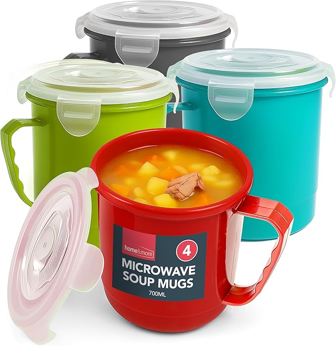 SOL 4pk Microwave Soup Mugs 700ml – Plastic Soup Containers with Handles and Lids – Stackable Bowls for Reheating and Serving – Ideal for Home, Office or School – Microwave & Dishwasher Safe