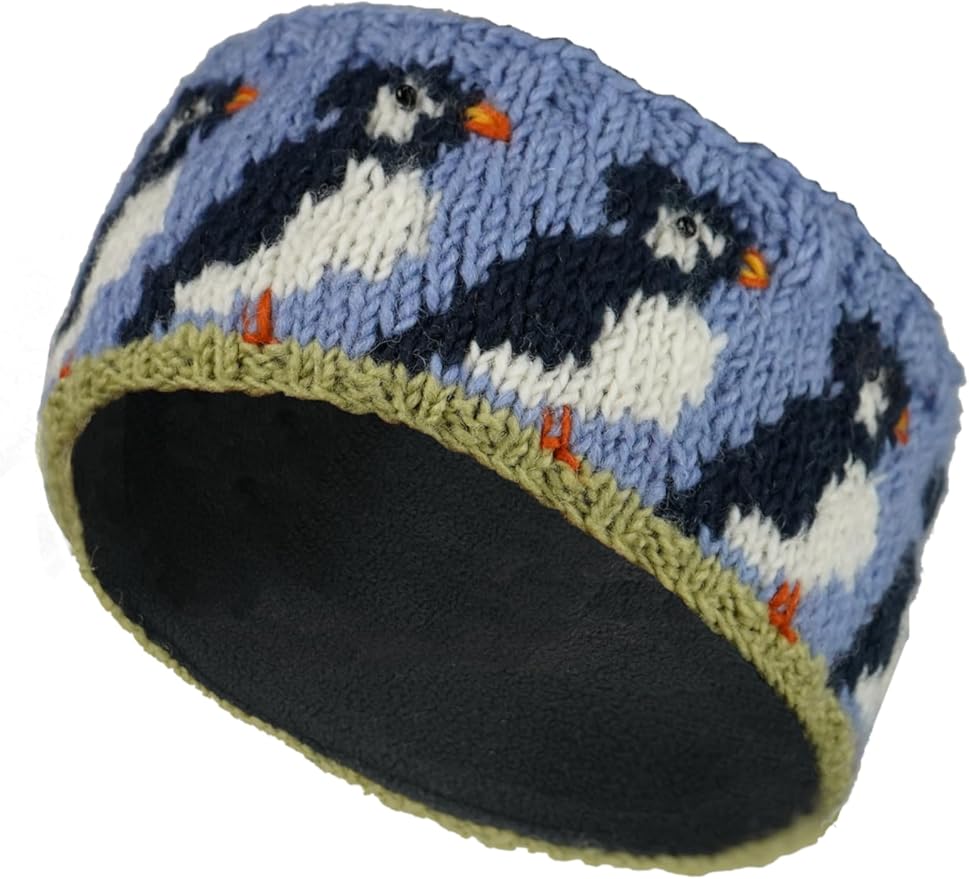 Pachamama Women Wool Ear Warmer Headband Fleece Lined Handknitted Puffin Multicoloured One-Size Handmade Fair Trade