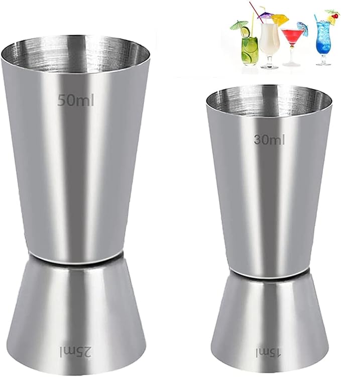 Set of 2 Stainless Steel 25/50 ml & 15/30 ml Cocktail Jigger Spirit Measure Cup, Shot Measure Dual Measuring Cup for Bar Party Wine Cocktail Drink Shaker Shaker