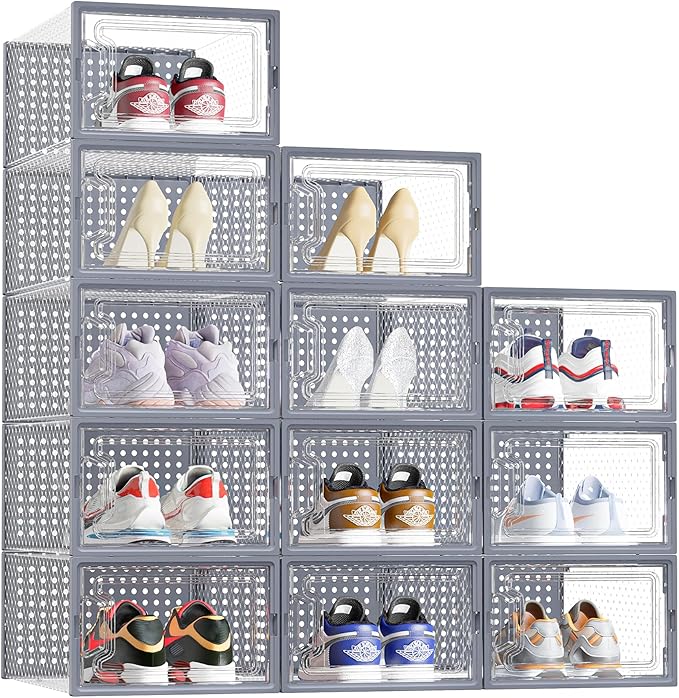 HOMIDEC Shoe Storage Box,12 pcs Stackable Shoe Boxes Clear Plastic Shoe Organizer Shoe Containers with Lids for Women/Men,Fit up to UK 9.5,GREY