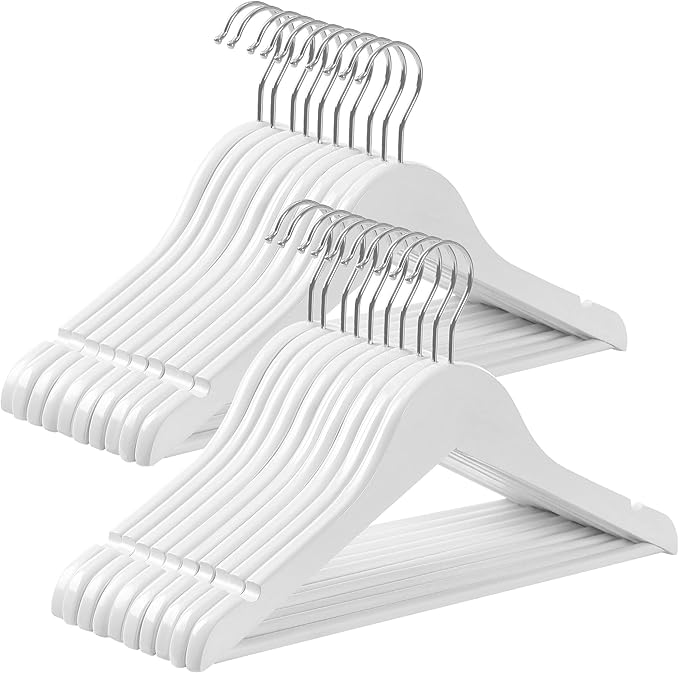 SONGMICS Wood Children's Hangers, Pack of 20 Kid's Clothes Hangers, with Trousers Bar, Shoulder Notches, 360° Swivel Hook, 35 cm Long, White and Silver CRW06W-20