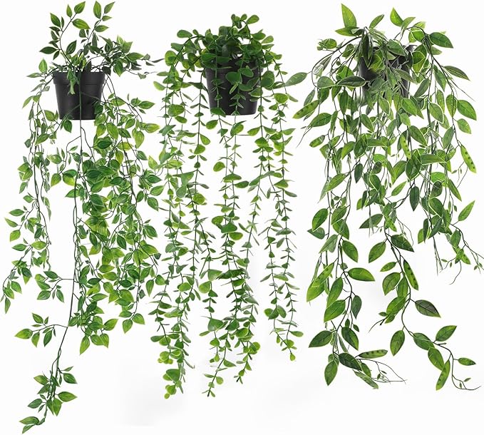 Yafe 3 Pack Artificial Hanging Plants, Fake Ivy Potted Plant Outdoor Artificial Trailing Fake Ivy Vines Decor Faux Hanging Plant with Pot Greenery for Home Decor Garden Wall Indoor