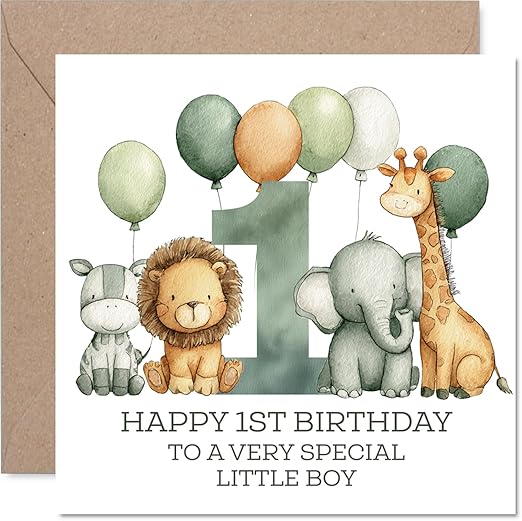 1st Birthday Cards for Boys - Jungle Numbers - Happy Birthday Card for 1 Year Old Boy Step Son Nephew Godson Son, 145mm Bday Greeting Cards