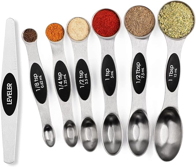 Measuring Spoons Sets of 7, Magnetic Measuring Spoons, Tablespoon Measure for Liquid & Dry Ingredients, Dual Sided Teaspoon Measure with Scale and Leveler, Fits Most Spice Jars for Cooking