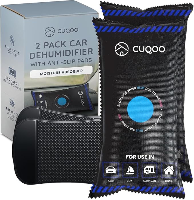 CUQOO 1KG Car Dehumidifier Bag – Reusable Moisture Absorber for Car Interior with Anti-Slip Mat – Microwave Reactivated Dehumidifier Bags for Condensation, Damp & Fog
