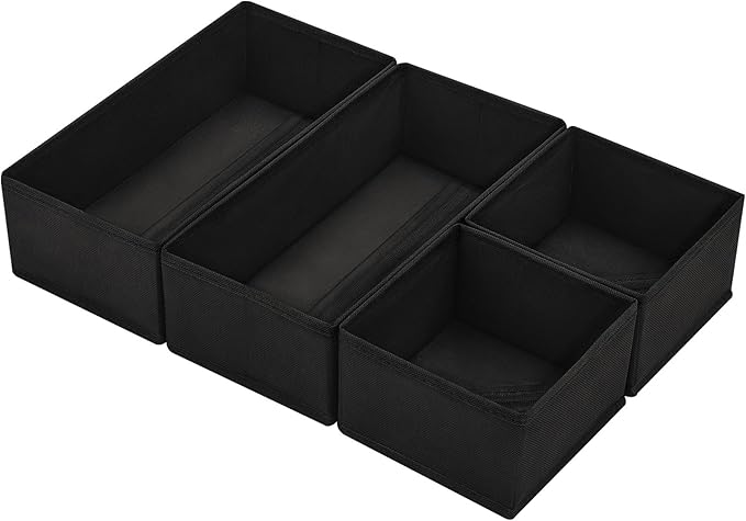 DIMJ Drawer Organisers 4 Pack Foldable Storage Box Fabric Wardrobe Storage Organiser Dresser Drawer Dividers Storage Cubes for Bras, Socks, Underwear, Ties, Scarves, Cosmetics (Black)