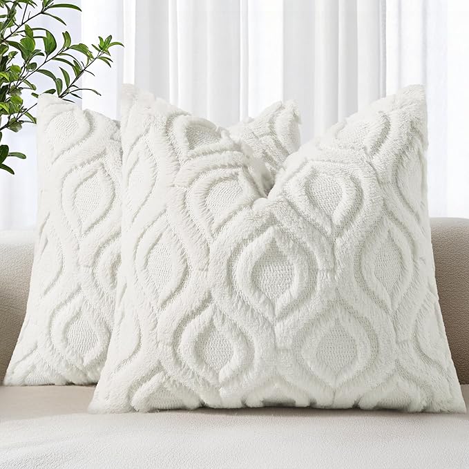 decorUhome Set of 2 Faux Fur Cushion Covers 45x45 cm, Decorative Soft Plush Fluffy Velvet Cushion Cover 18X18 Inch,Square Boho Neutral Pillow case for Sofa, Cream White