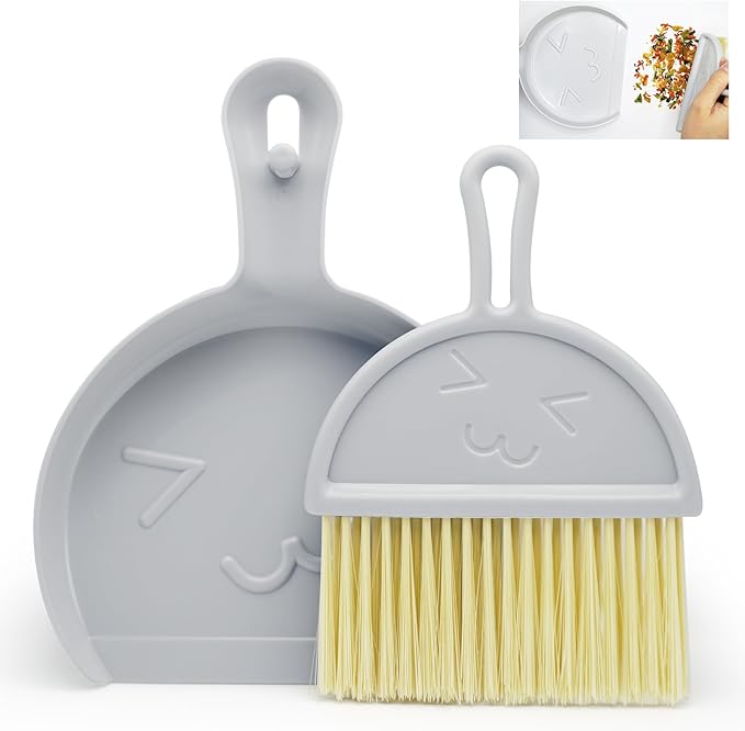 Mini Dustpan and Brush, Grey Broom and Dustpan Set, Portable Cleaning Brush and Dustpan Combo, Flexible Lip, Perfect for Dust, Dirt and Crumbs, Ideal for Most Hard Surfaces, Space Saving Design