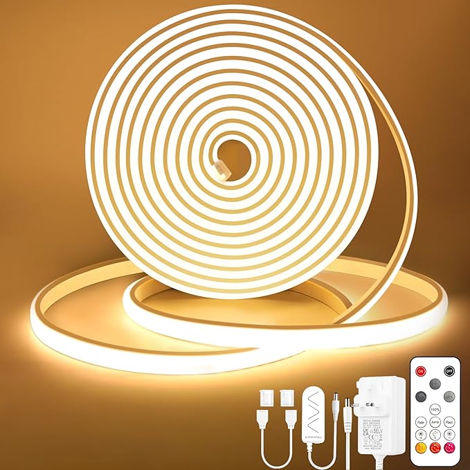 Lamomo COB LED Strip Light 5M, Warm White Led Lights for Bedroom with Remote, Dimmable Flexible Waterproof Silicone 3000K 24V Neon Rope Light for Kitchen, Cabinet, Outdoor, CRI90+, UKCA Transformer[Energy Class F]