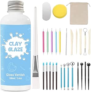 100ml Air Dry Clay Glaze and 29pcs Clay Tools Kit, Gloss Airdry Varnish Protects Pottery from Surface Wear, Pottery Tools Can be Used for Stippling, Carving, Molding(Gloss)
