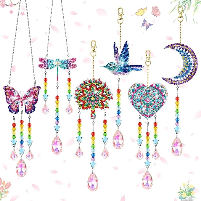 Jiosdo Arts and Crafts Kits, Gift for Girls Age 7 8 9 10, DIY Diamond Art Kits with Crystal Pendant, 5D Diamond Painting Wind Chimes (6 PCS)