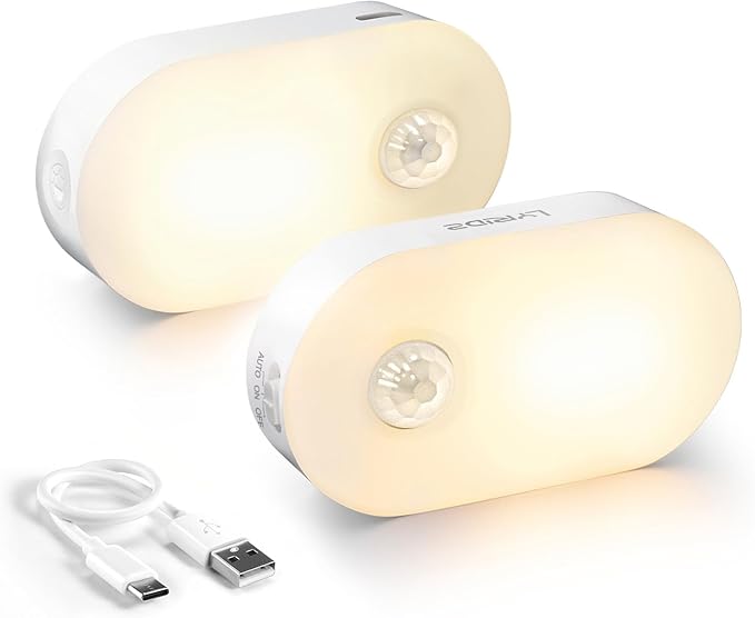 Lyridz Motion Sensor Night Light, Mini USB Rechargeable LED Night Light Kids, Stick on Anywhere Warm White Dimming Lighting for Corridor,Staircase,Bedroom,Children's Room,2 Pack