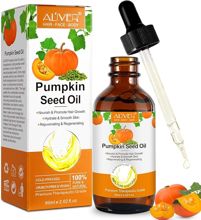Pumpkin Seed Oil for Hair Growth, Organic Pumpkin Seed Oil, 100% Pure Cold Pressed, Help Growth for Eyebrows, Eyelashes & Dry Damaged Hair, Moisturizing Scalp Skin 60ml