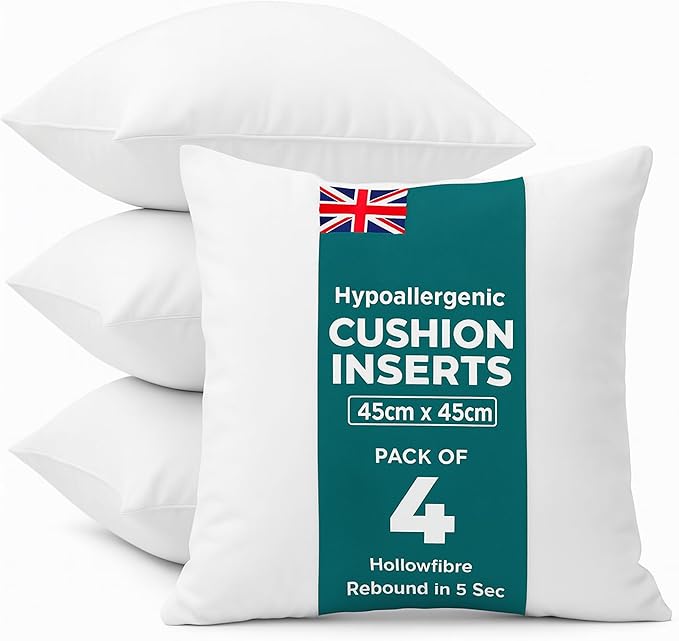 Cushion Inserts 45cm x 45cm (Pack of 4) for Indoor/Outdoor Sofas and Beds, Square Cushion Pads Fillers, Cushion Inners, Anti-Allergy Cushion Supportive Bounce Back Comfort, 18 x 18 Inch