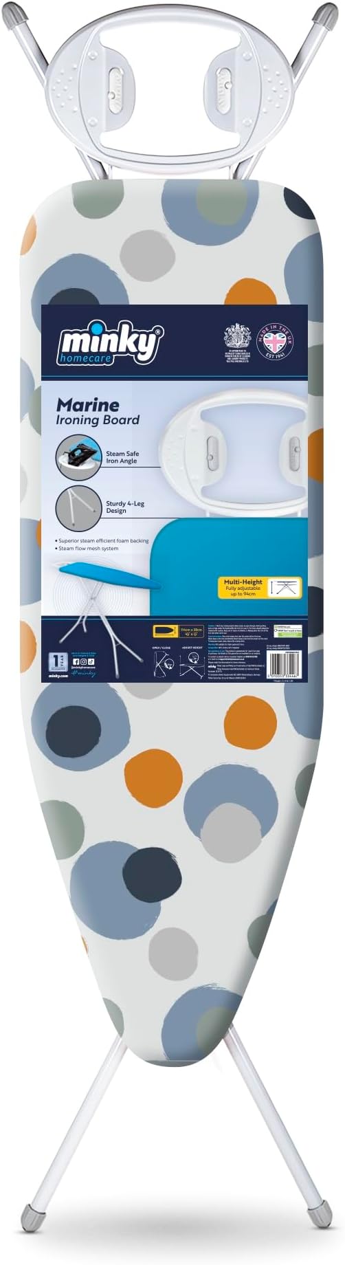Minky Marine Ironing Board with 114 x 38cm Ironing Surface, Angled Iron Rest, Iron Board with Adjustable Height up to 94cm & Non-Slip Feet, Foldable, Made in the UK