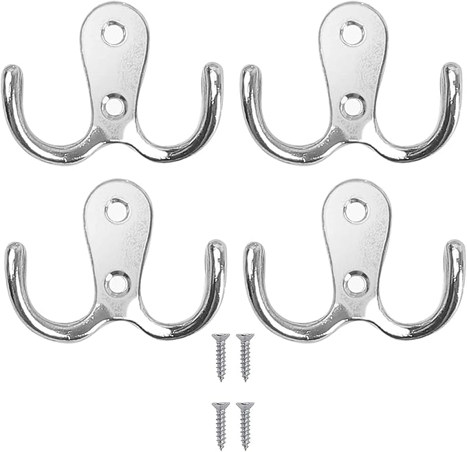 4 Pieces Double Prong Robe Hooks Metal Cloth Hanger Dual Coat Hooks Hanging Clothes for Bathroom Bedroom Door Wall for Coat, Scarf, Bag, Towel, Key, Cap with 8 Screws
