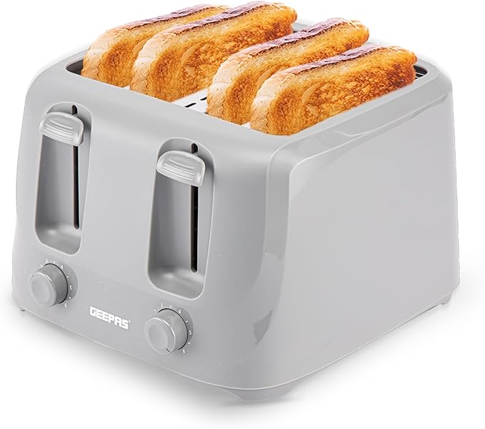 GEEPAS 4 Slice Toaster | 6 Browning Levels with Cancel Function | For Thin Small Bread Slice | 2 Independent Controls 2 Removable Crumb Trays Cool Touch High Lift | 1 Yr Warranty 1400W Grey